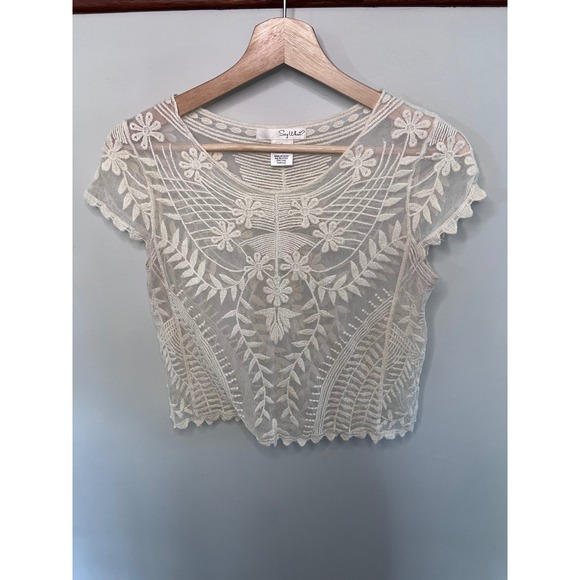 Say What? Tops - Say What? Womens Cream Sheer Mesh Floral Embroidered Crop Top Boho Small